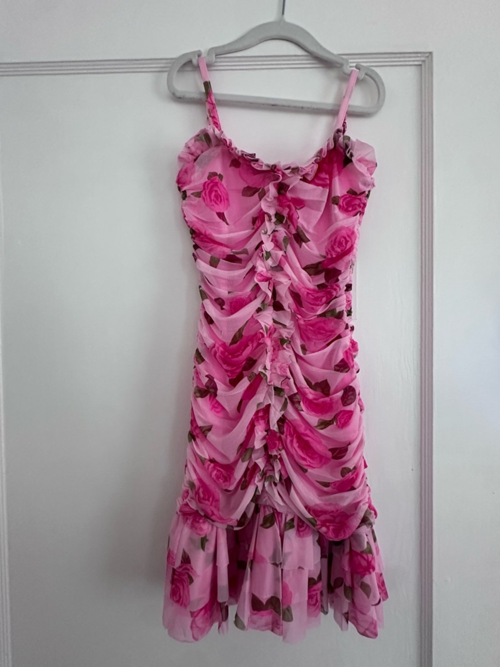 Katie J NYC Pink Floral Ruched Spaghetti Strap Dress
